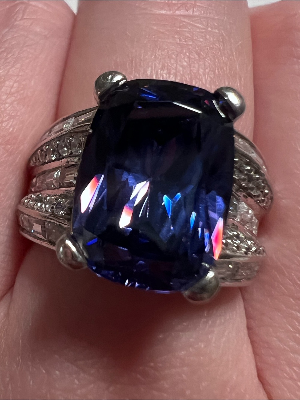 925 Sterling Silver Blue CZ Ring Cushion Cut Stone Set w/ Clear Accents Size 7